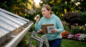 Homeowner inspecting metal roof on ladder
