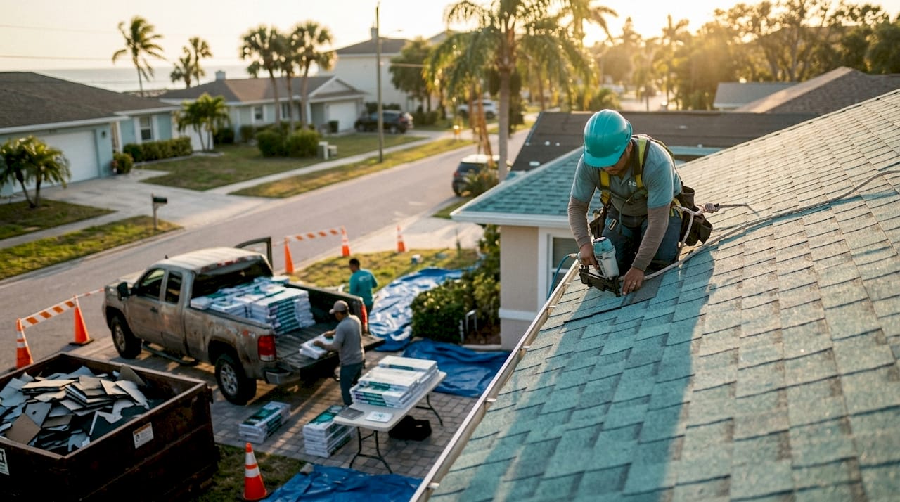 Coastal Roofing & Construction LLC | Roof Replacement Process Explained for Tampa Bay Homeowners Roofing crew installing new shingles on home