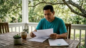 Homeowner reviewing roof replacement documents