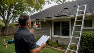 Homeowner inspecting storm-damaged roof outdoors