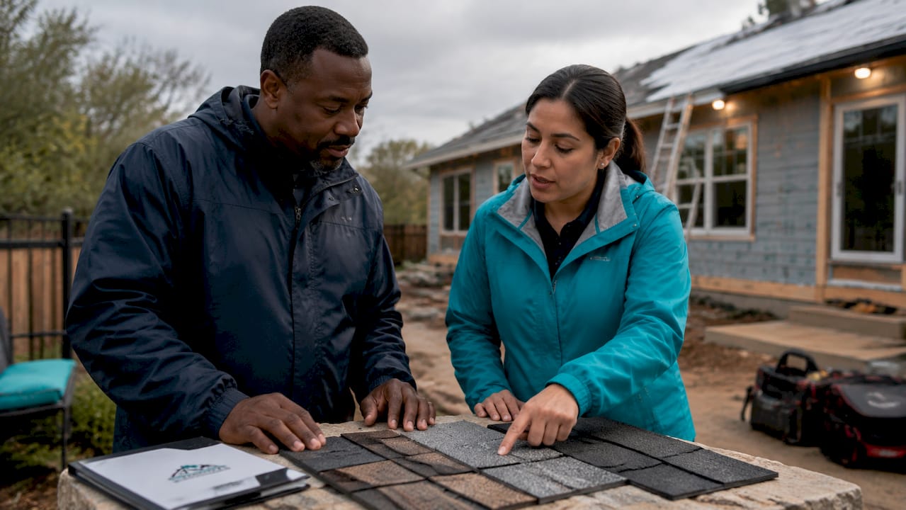 Coastal Roofing & Construction LLC | Roofing Contracts Explained for Homeowners: 2026 Guide Hands comparing roofing shingle samples outdoors