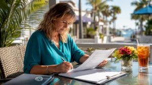 Homeowner reviewing roofing contract at kitchen table