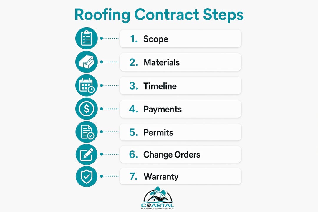 Coastal Roofing & Construction LLC | Roofing Contracts Explained for Homeowners: 2026 Guide Infographic outlining key roofing contract steps