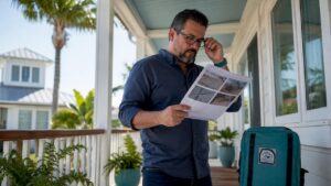 Homeowner studying roof inspection report