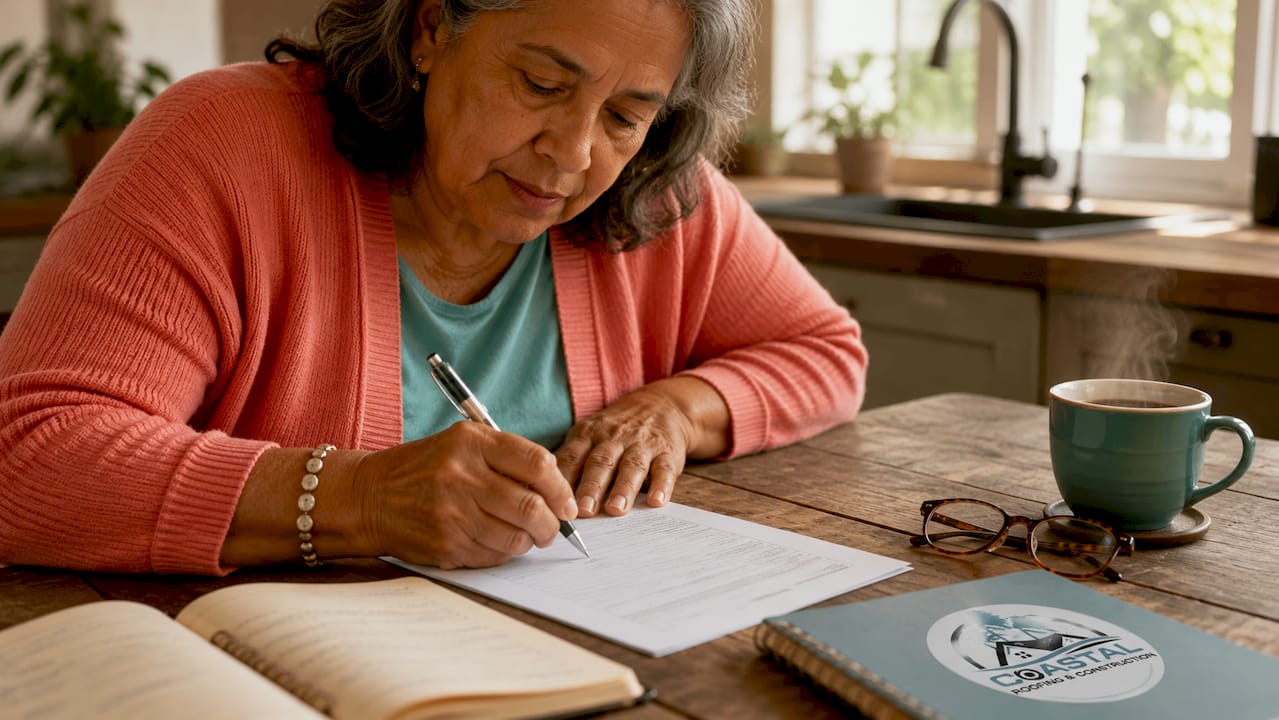 Coastal Roofing & Construction LLC | Metal Roof Financing Options for Homeowners: 2026 Guide Senior woman filling loan application form