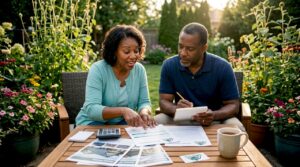 Couple reviewing metal roof financing papers