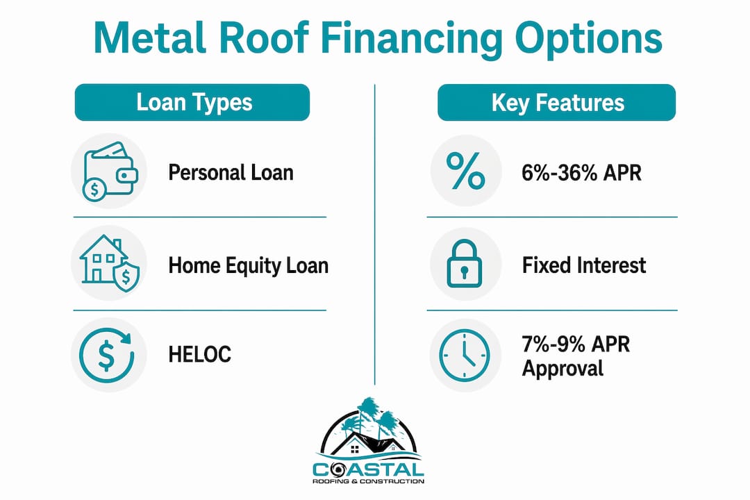 Coastal Roofing & Construction LLC | Metal Roof Financing Options for Homeowners: 2026 Guide Infographic comparing metal roof financing types