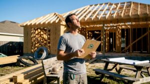 Contractor reviewing roof framing on site