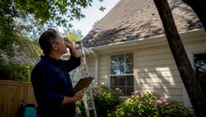 Contractor inspecting roof for tear off or overlay options