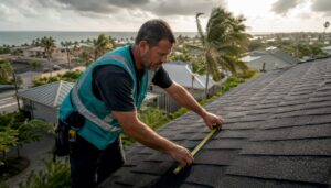 Roofer inspecting impact resistant shingles on house roof