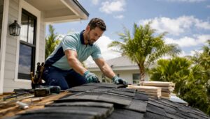 Roofer installing architectural shingles on house roof