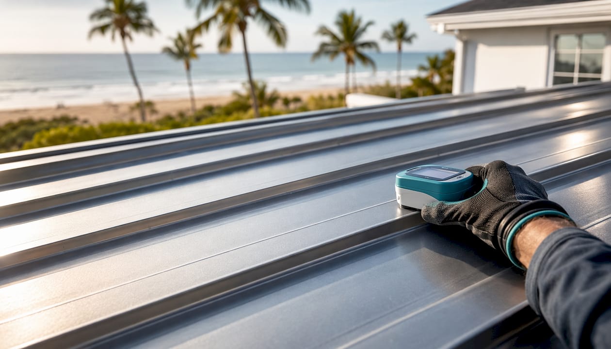 Close-up standing seam metal roofing with test
