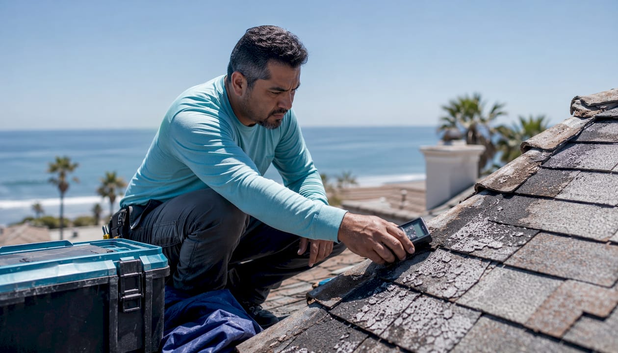 Roofer inspecting worn shingles at coastal home
