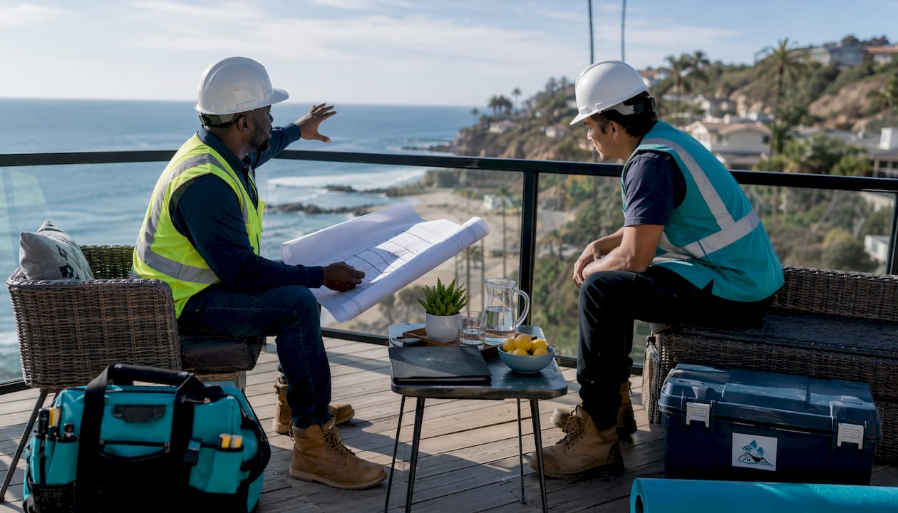 Contractors discussing roofing project timeline on-site