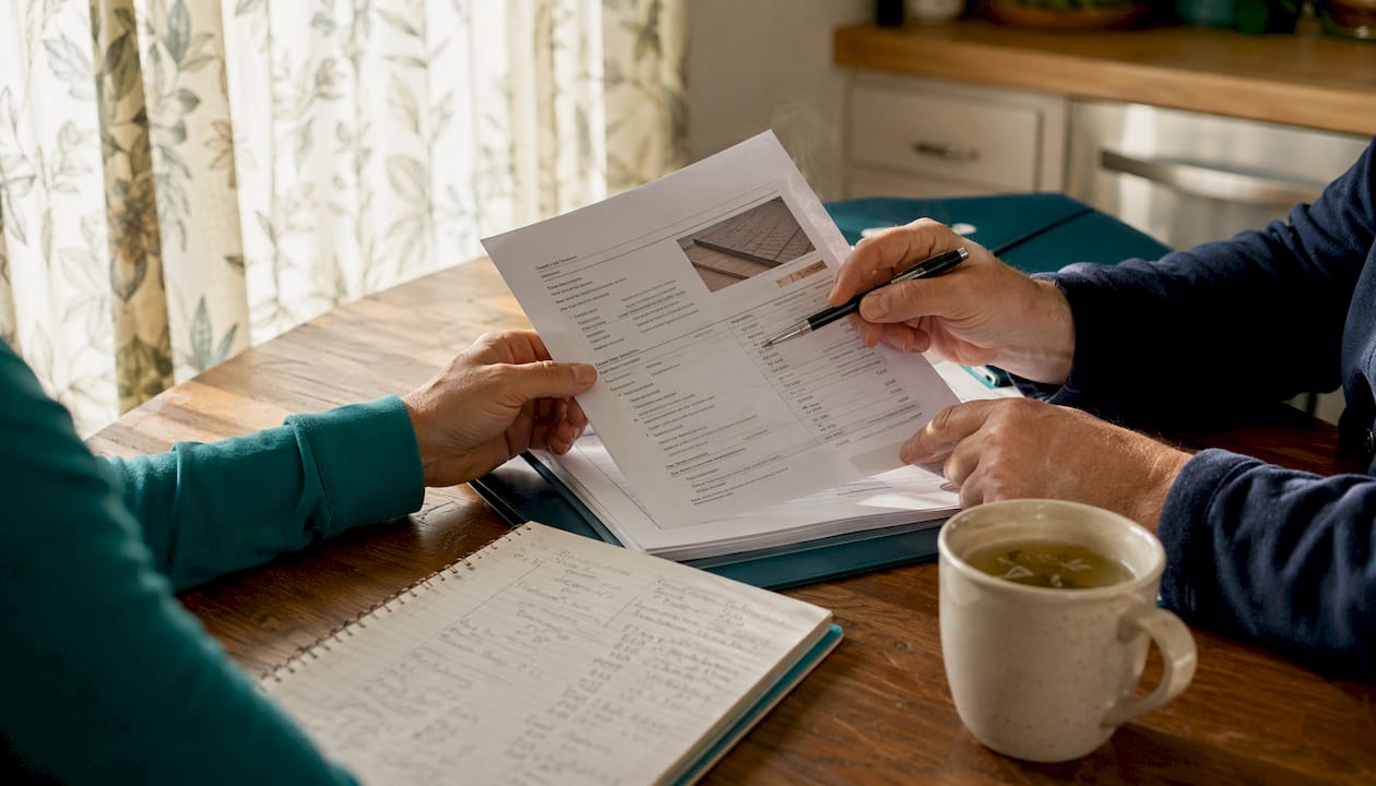 Close-up of hands reviewing roofing contract details