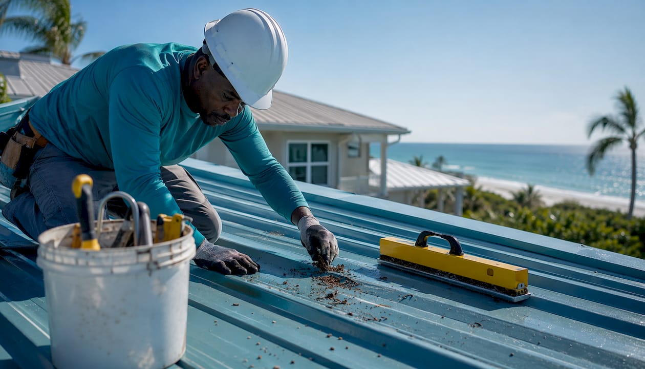 Roofer sweeping nails from Florida tile roof