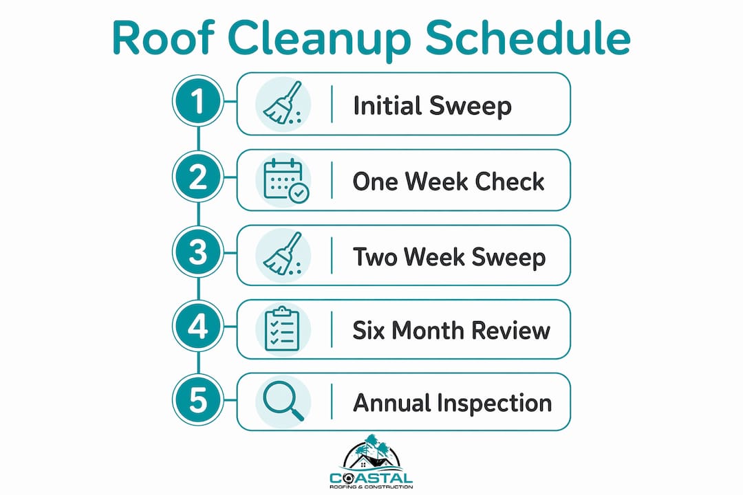 Infographic outlining roofing cleanup schedule steps