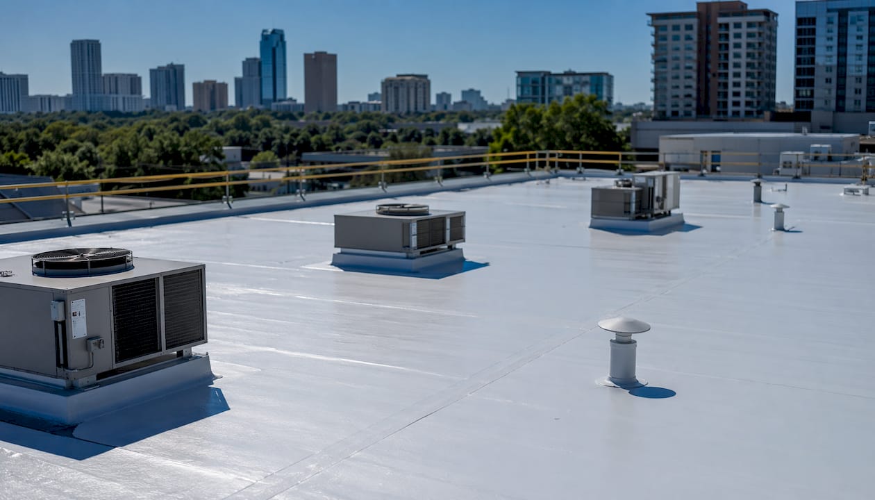 Aerial of commercial flat roof with TPO membrane