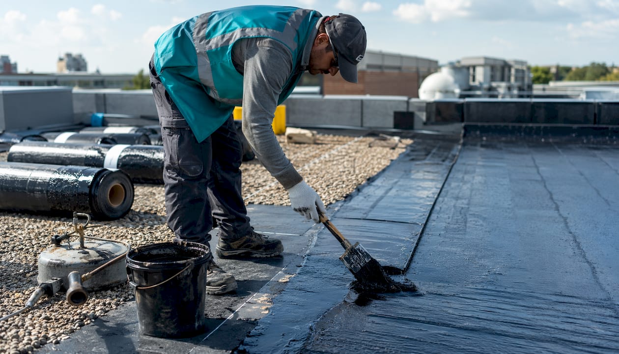 Worker applying bitumen in BUR installation