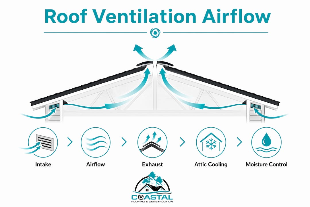 Infographic showing roof ventilation airflow stages