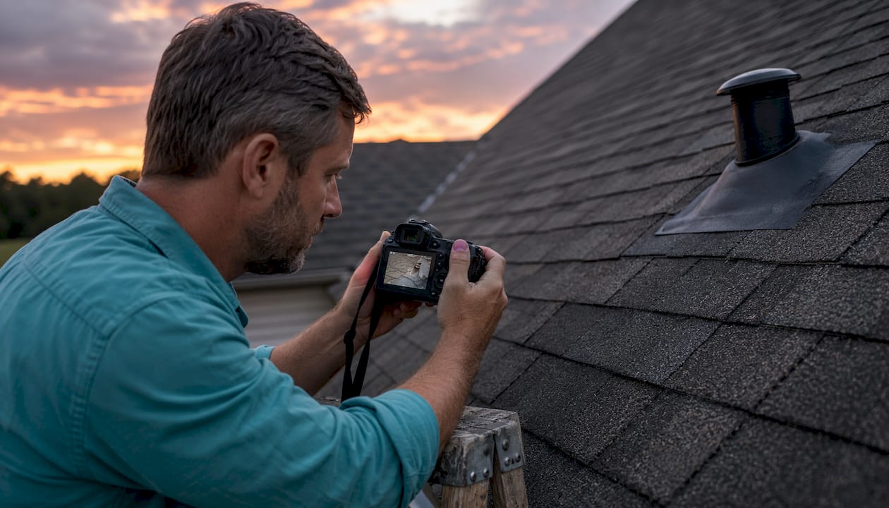 Hands photographing roof details during inspection