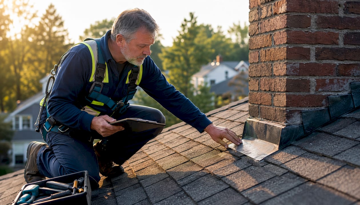 Roof inspector examining shingles on home roof