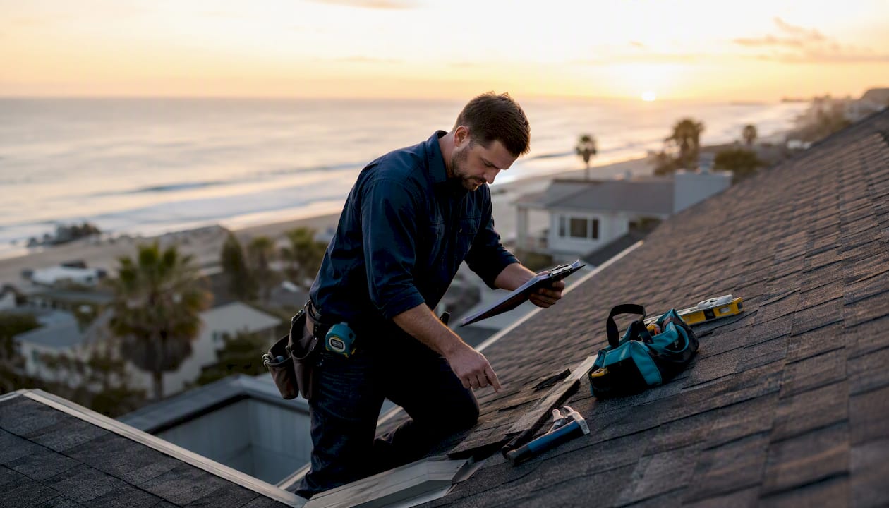 Contractor inspecting roof installation
