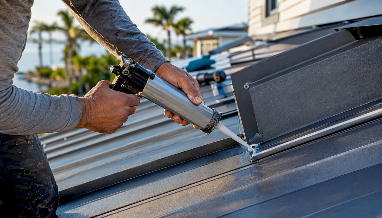 Coastal Roofing & Construction LLC | Top Metal Roof Warranty Options 2026: What Homeowners Must Check Installer applying sealant to metal roof flashing