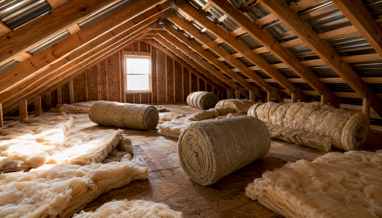 Mineral wool and fiberglass insulation in attic space