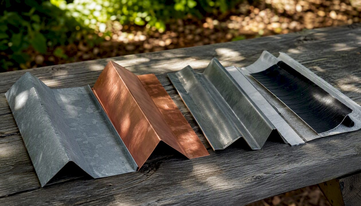 Close-up of roofing valley flashing materials