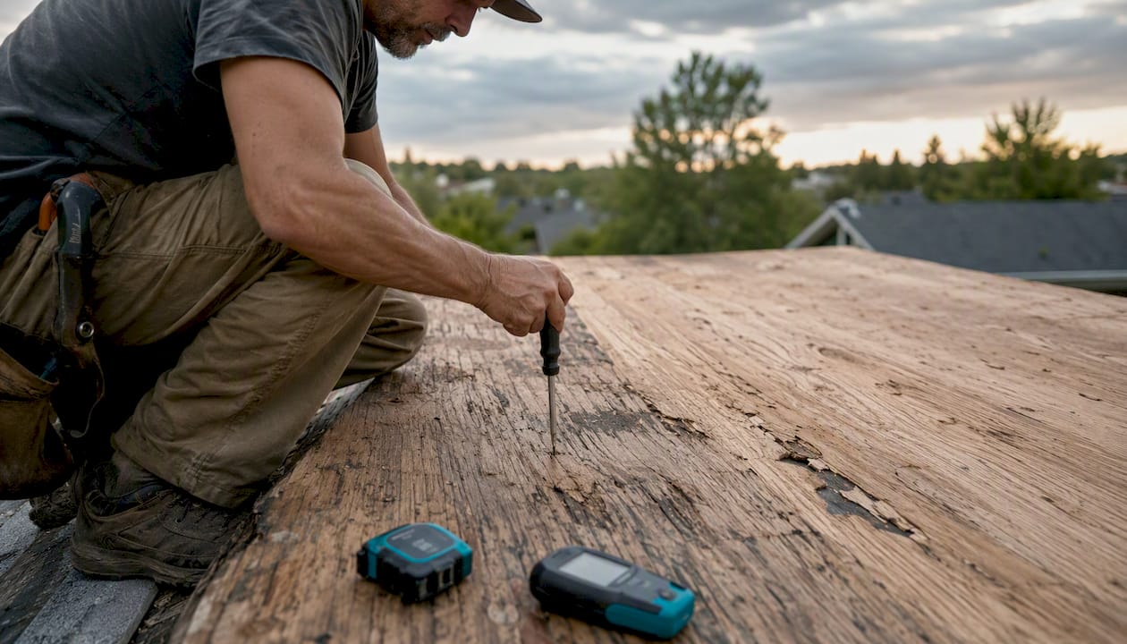 Coastal Roofing & Construction LLC | Metal Roof Substrate: What Homeowners and Installers Need to Know Hand probing roof deck wood for rot damage