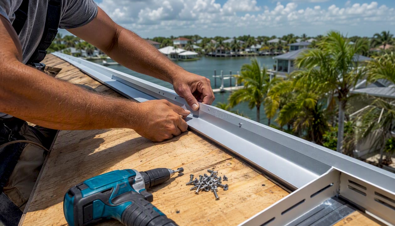 Coastal Roofing & Construction LLC | Aluminum Roofing Material: What Homeowners Need to Know Hands installing coastal-grade roof eave flashing