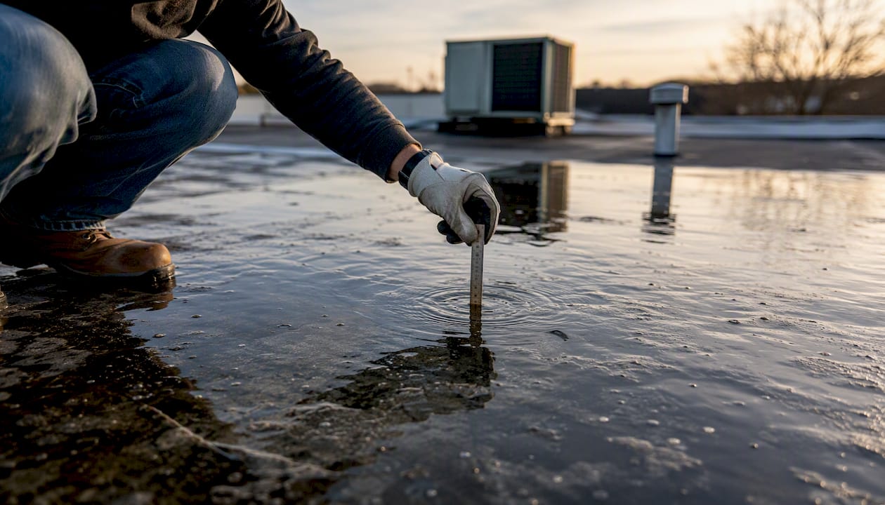Measuring depth of standing water on a flat roof deck