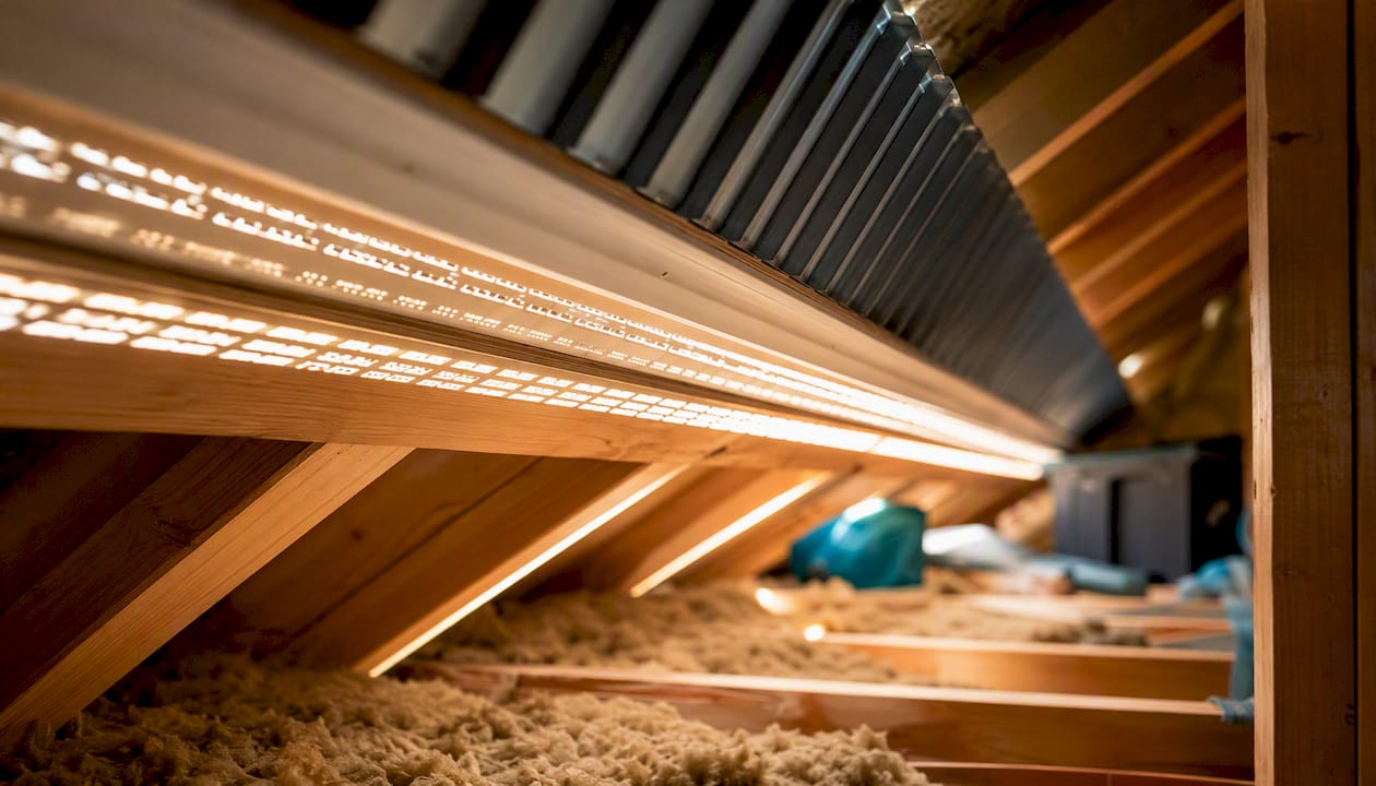 Attic soffit vent with rafter baffle before insulation