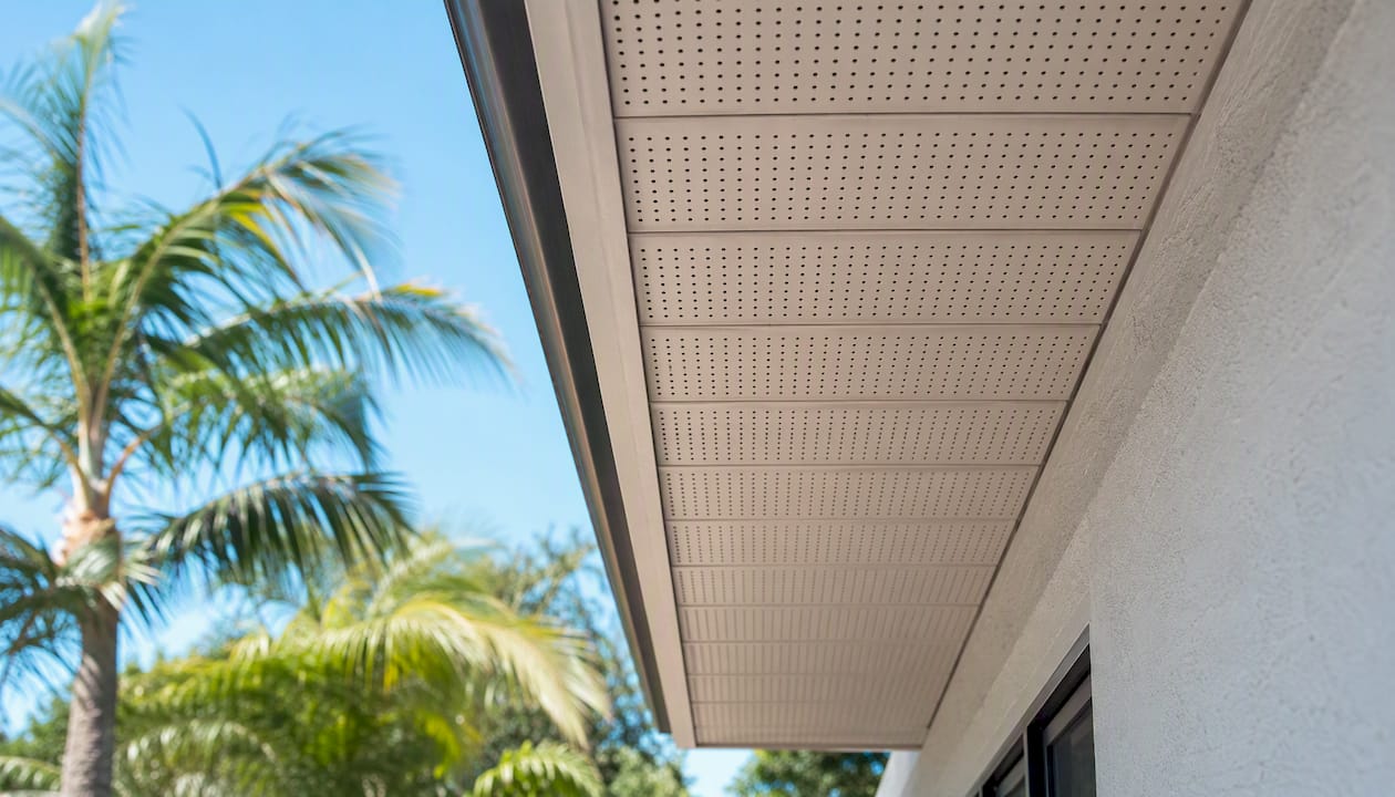Continuous vented soffit panels on residential eave