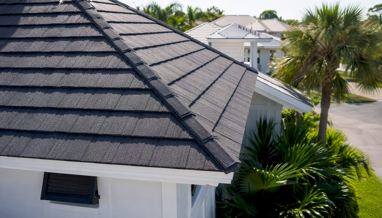 Stone-coated metal shingle roof on home