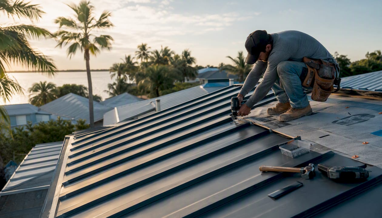 Partially installed metal roof with underlayment layers