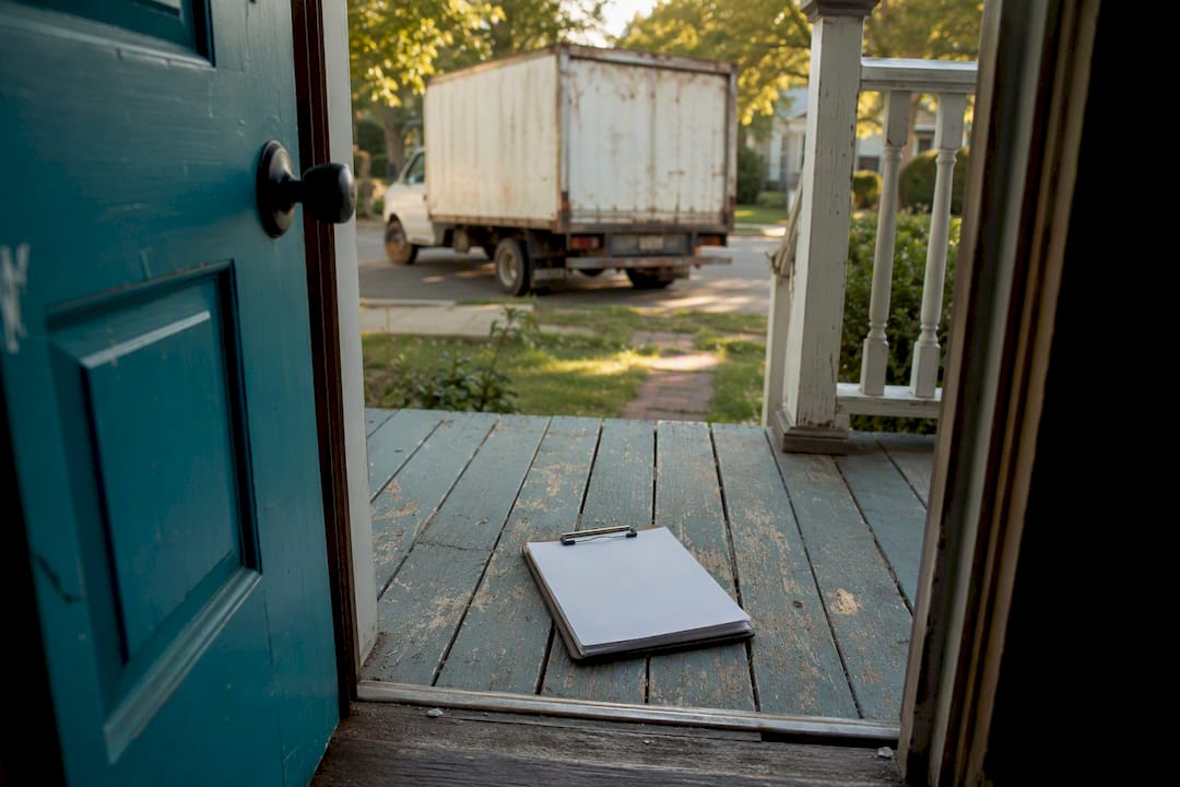 Open door with blank contract and rental truck in background