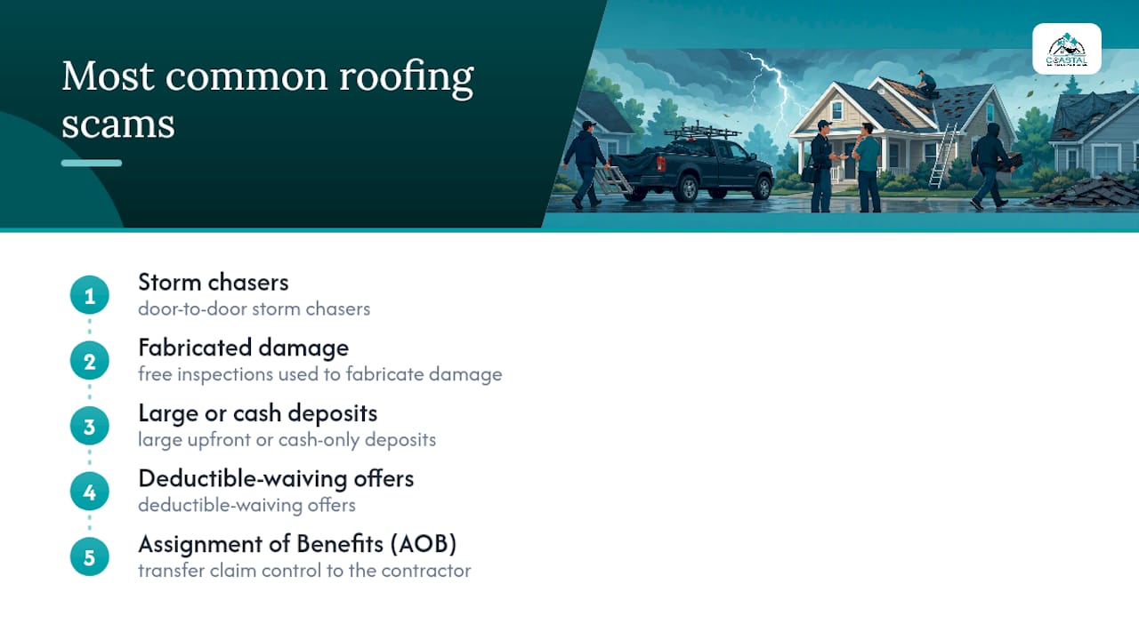 Diagram summarizing common roofing scams after storms