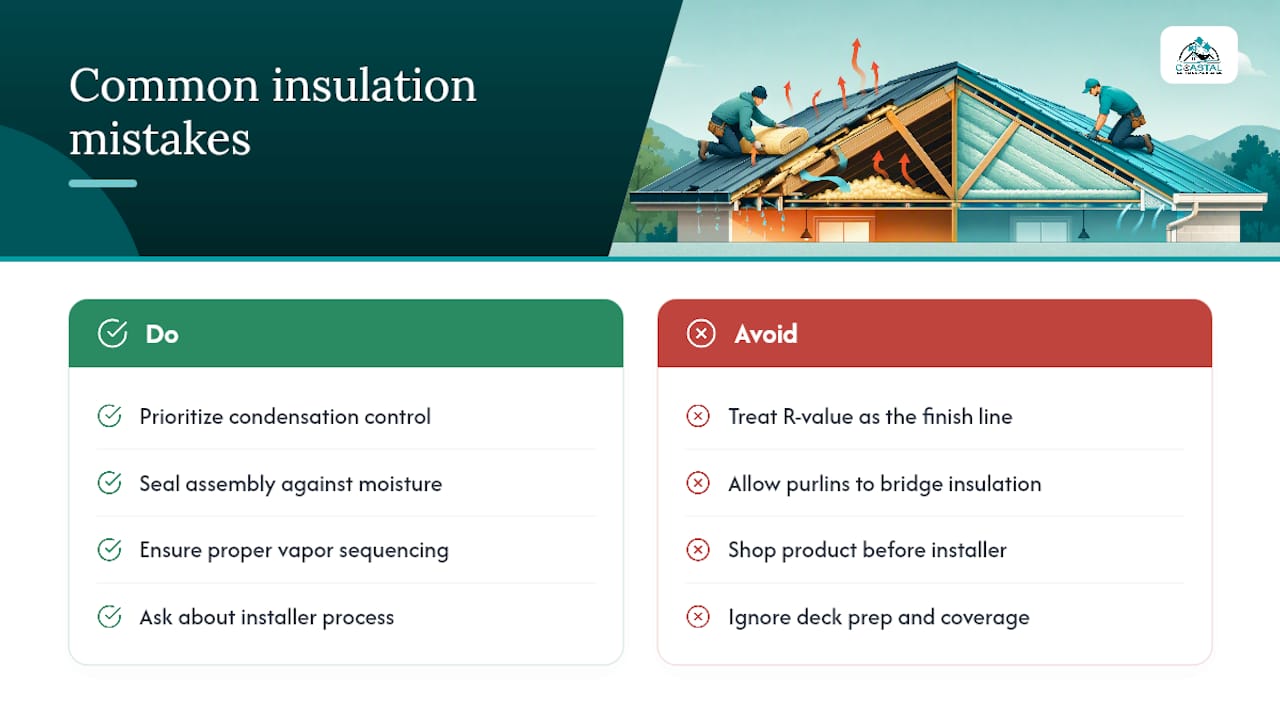 Diagram showing metal roof insulation mistakes