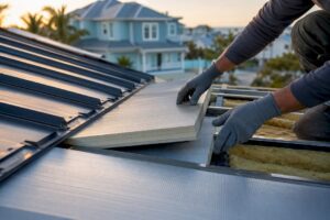 Metal roof insulation being installed