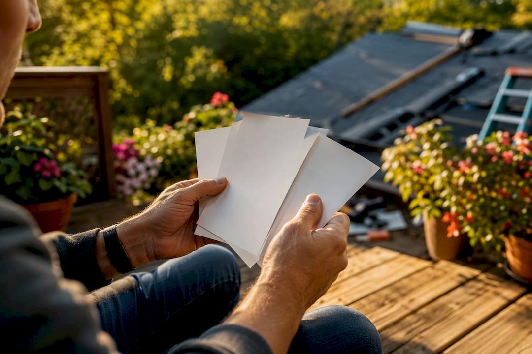 Hands reviewing roofing warranty papers