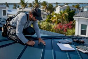 Local roofer inspecting metal roofing panels