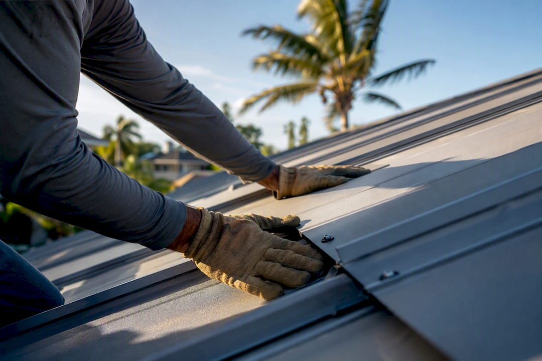 Hands inspecting metal roofing panels