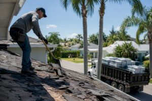 Roofer removing shingles on Florida roof