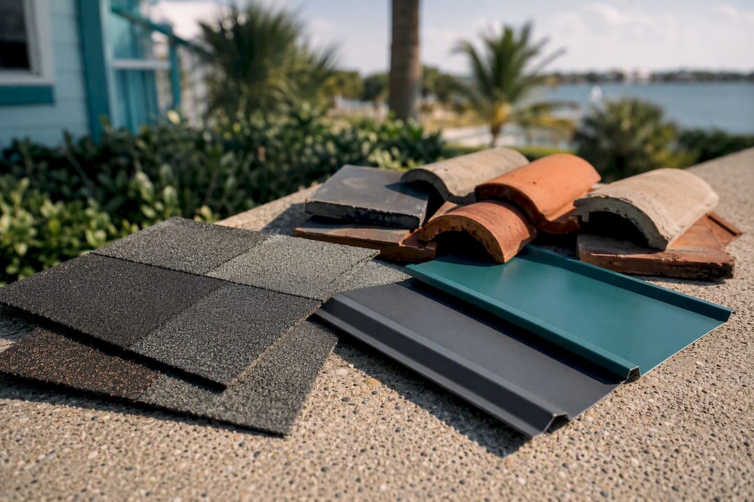 Roofing material samples on wood surface