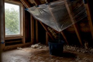 Bucket catching water under a plastic sheet in attic