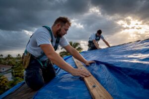 Crew securing tarp over storm-damaged Florida roof