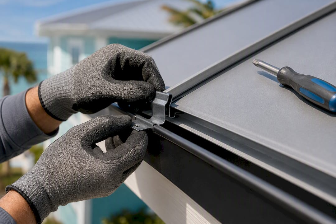Concealed gutter hanger attached to metal seam
