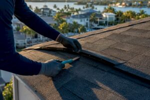 Inspector checking asphalt shingle fastening pattern